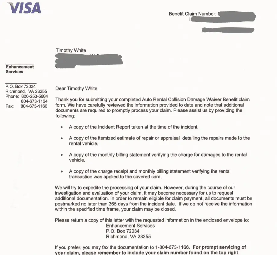 Visa Claim letter associated with Chase Sapphire Preferred Auto Damage Claim