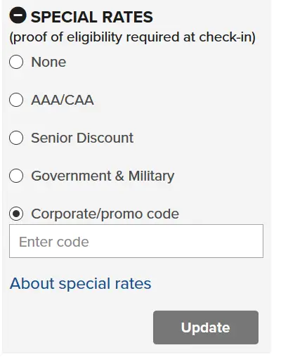 Enter your Marriott Corporate Codes in the Corporate/promo code field