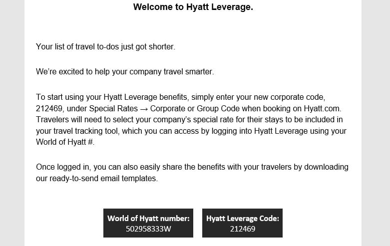 Hyatt Leverage Welcome Letter