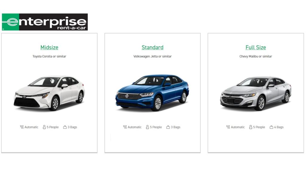 Enterprise Rental Car Classes - Midsize, Standard and Full Size