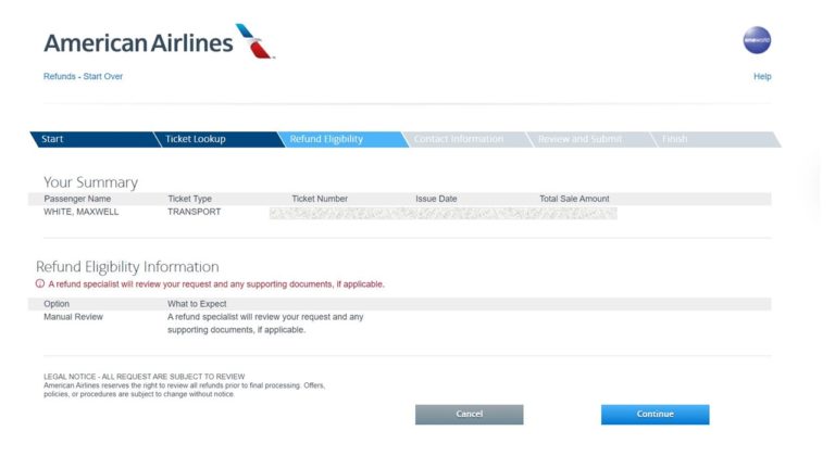 american airlines trip insurance refund