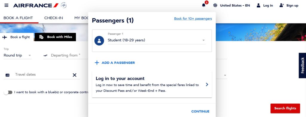 Air France Student Discount Booking Page
