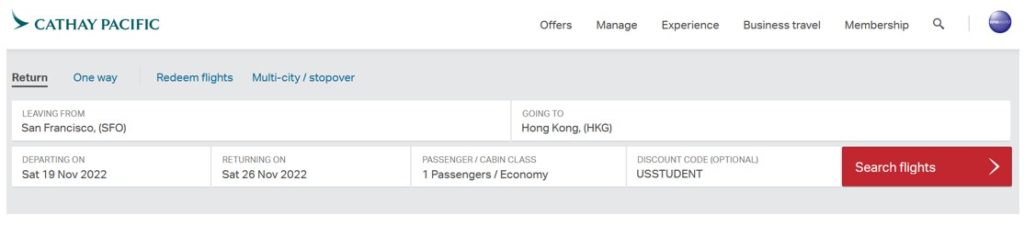 Cathay Pacific Student Discount Booking Page