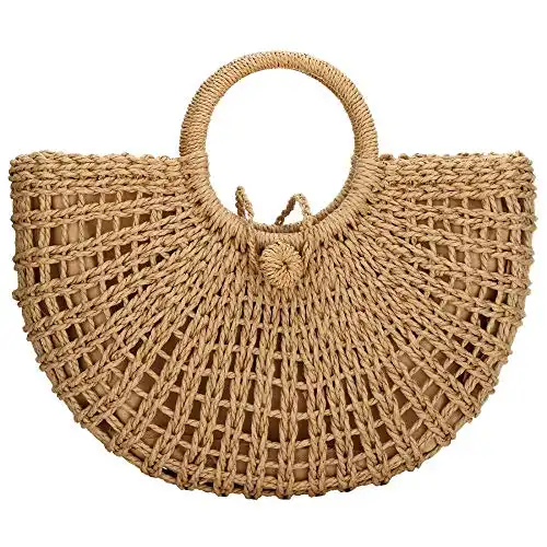 Straw Bag for Women Large Woven Bag Round Handle Ring Tote Retro Purse Hobo Summer Beach Bag (Khaki)