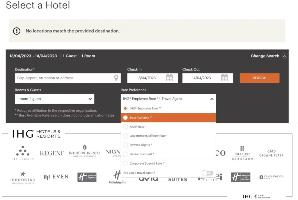 Booking Page IHG IVEDI Employee Rate