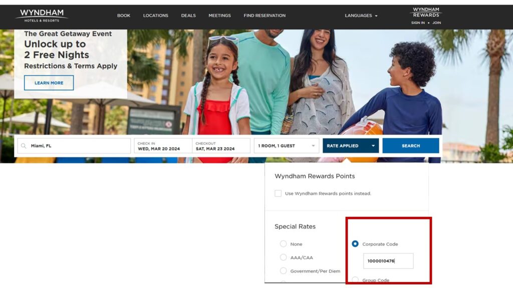 Wyndham Corporate Code Booking Page