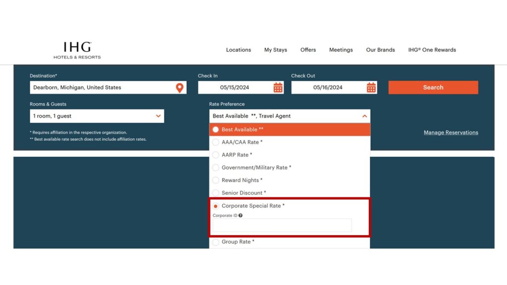 IHG Corporate Rate Booking Page