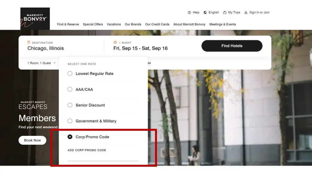 Where to enter the Marriott Corporate Code booking page