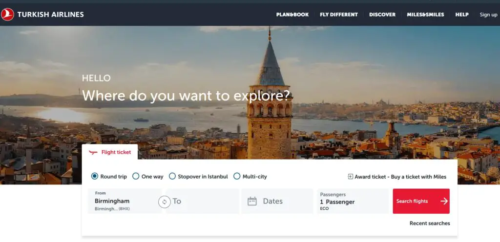 Turkish Airlines Booking Page
