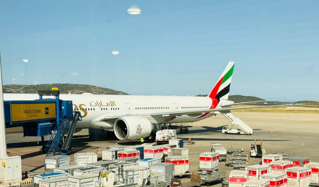 Emirates 777 at gate in Athens