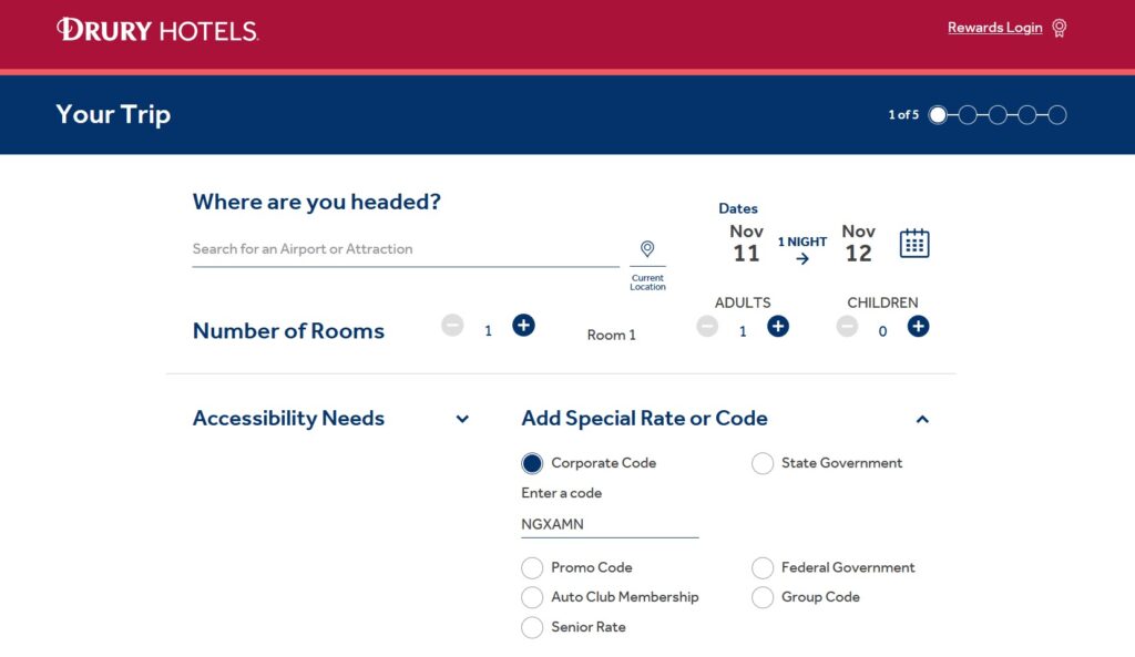 drury hotel booking page