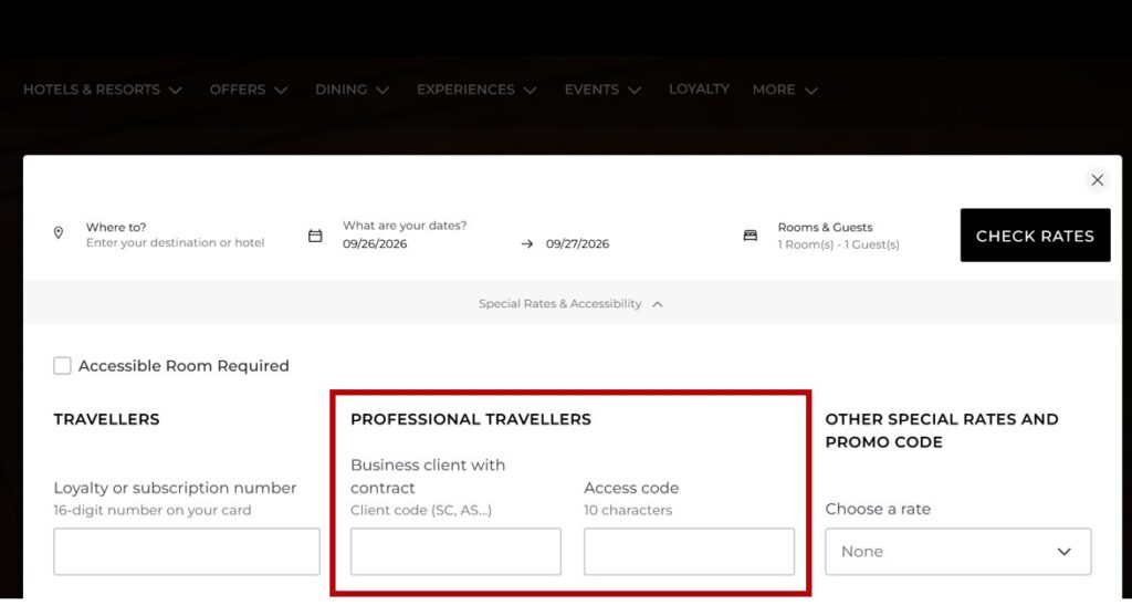 Fairmont Corporate Code booking table