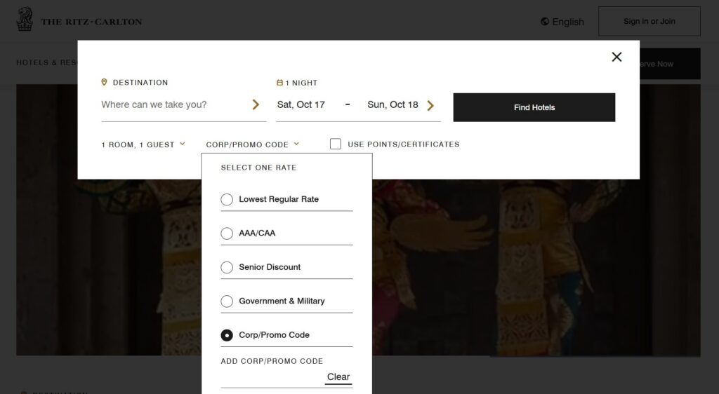 This is where you would enter a Ritz-Carlton Corporate Code